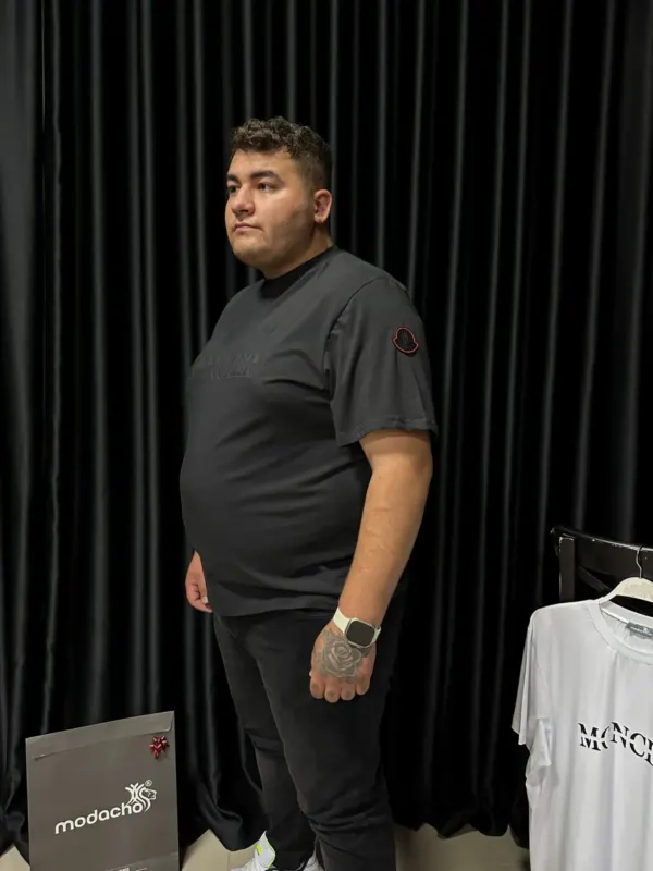 Erkek Büyük Beden Yeni Model Tişört Kolu Amblemli Dijital Baskılı Beyaz ve Siyah