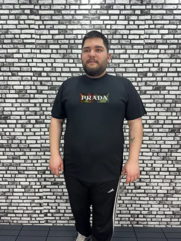 Büyük Beden Erkek Yeni Sezon Kabartma Baskı Tişört Siyah ve Beyaz Renk