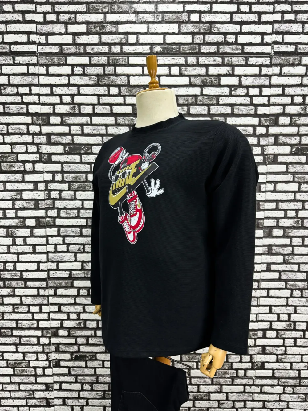 Büyük Beden Erkek Yeni Model Double Face Kumaş Çizgili Model Baskılı Sweat Siyah Renk