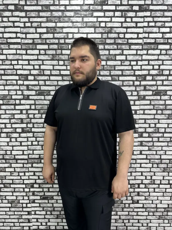 Erkek Büyük Beden İnce Polo Yakalı Fermuarlı Dikiş Amblem Tişört