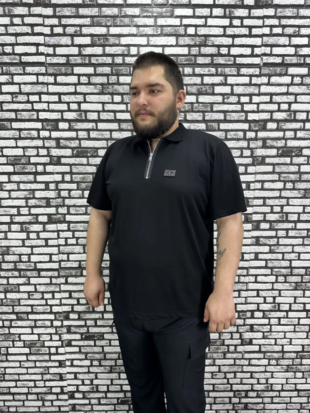 Erkek Büyük Beden İnce Polo Yakalı Fermuarlı Dikiş Amblem Tişört