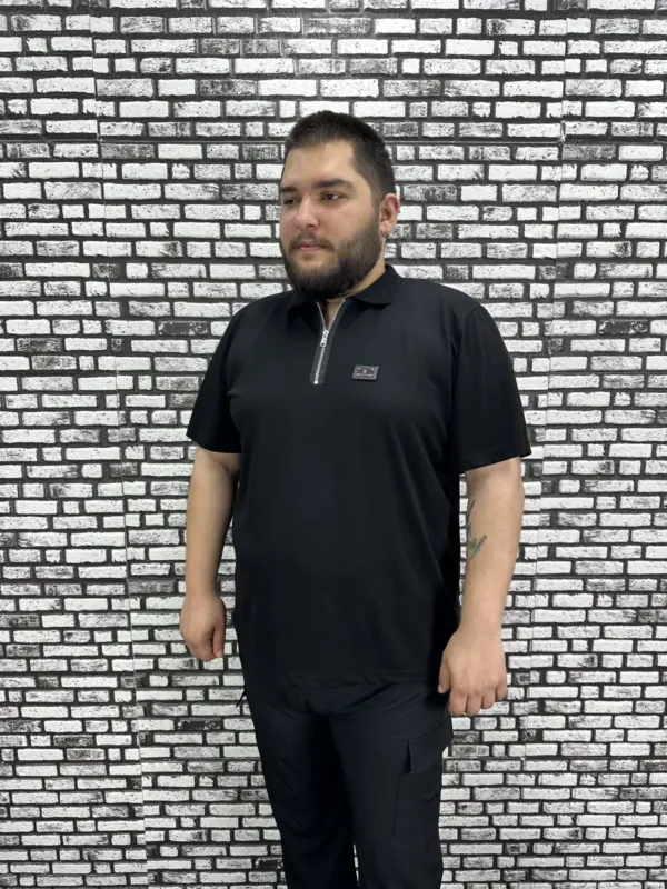 Erkek Büyük Beden İnce Polo Yakalı Fermuarlı Dikiş Amblem Tişört
