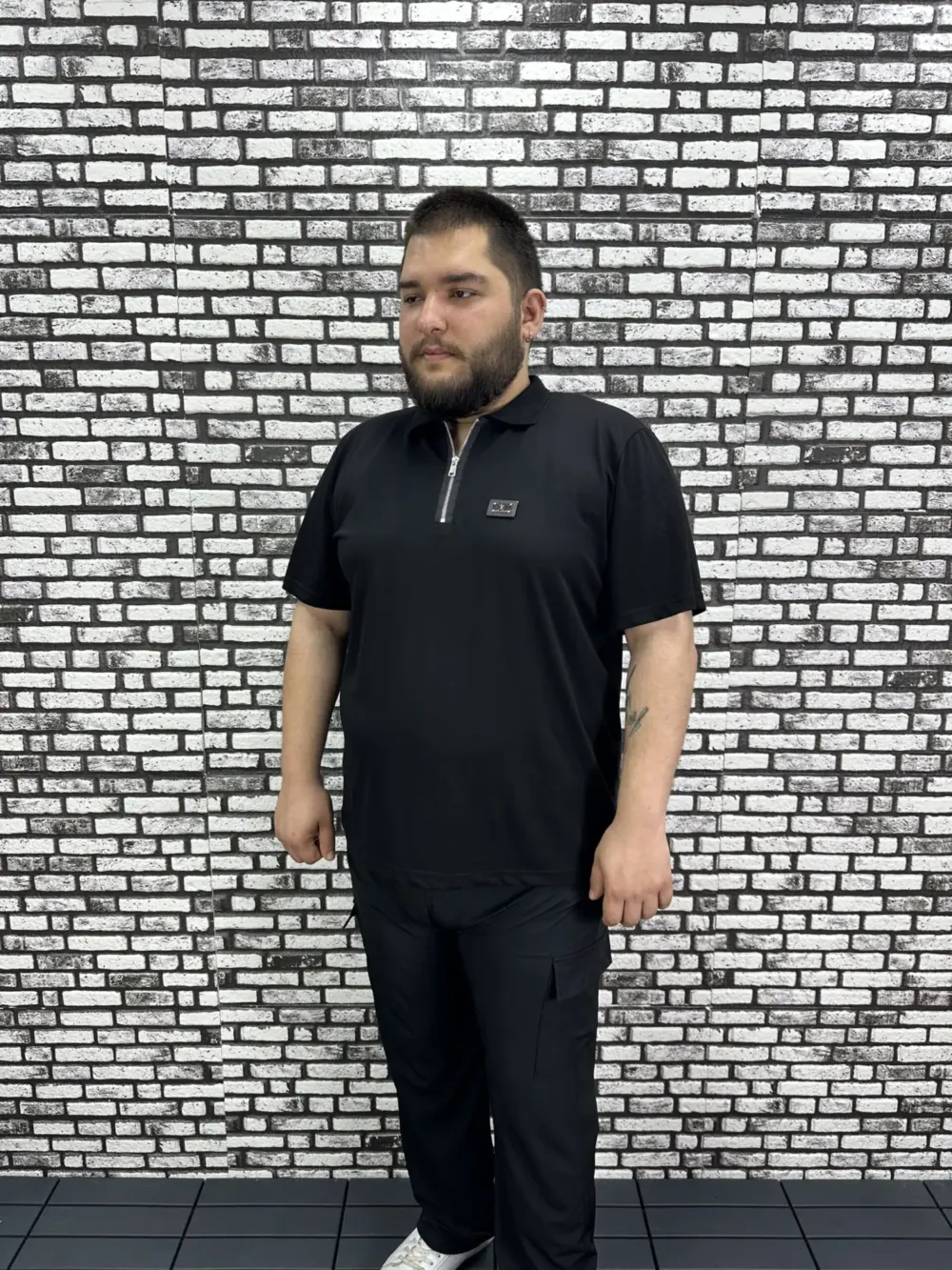 Erkek Büyük Beden İnce Polo Yakalı Fermuarlı Dikiş Amblem Tişört