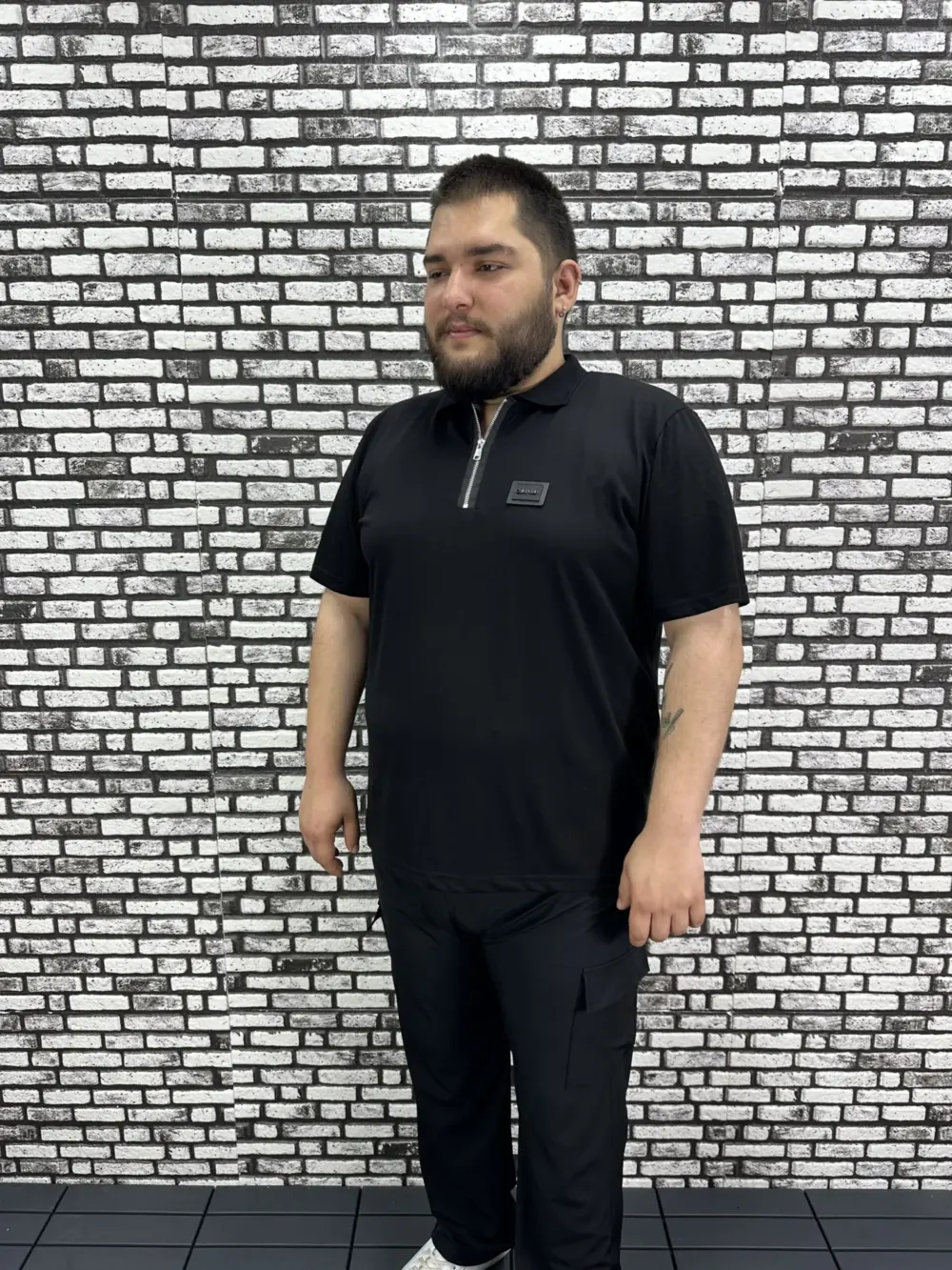 Erkek Büyük Beden İnce Polo Yakalı Fermuarlı Dikiş Amblem Tişört