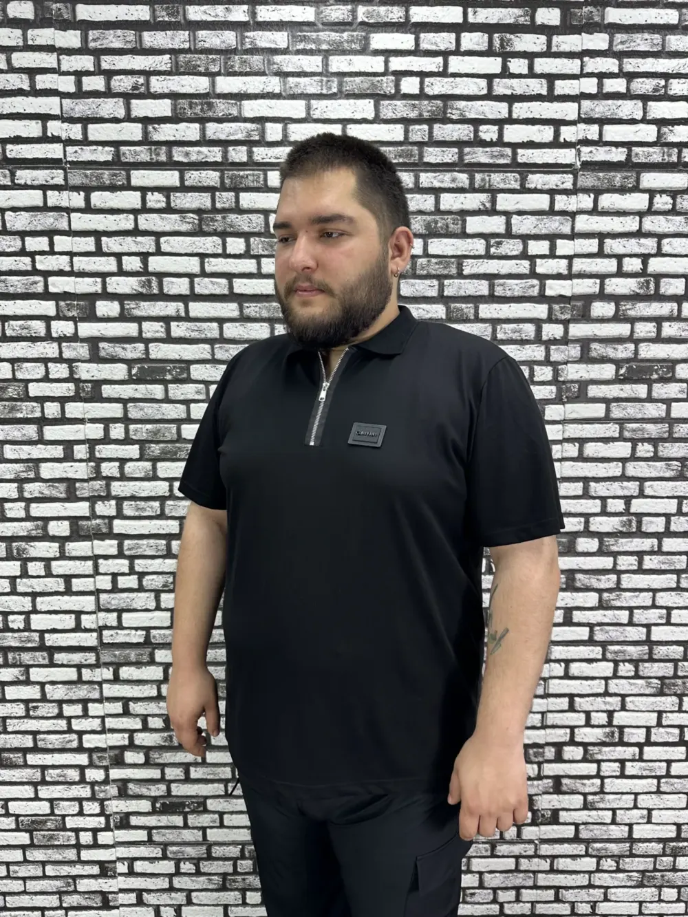 Erkek Büyük Beden İnce Polo Yakalı Fermuarlı Dikiş Amblem Tişört