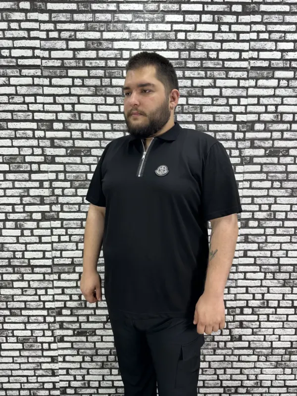 Erkek Büyük Beden İnce Polo Yakalı Fermuarlı Dikiş Amblem Tişört