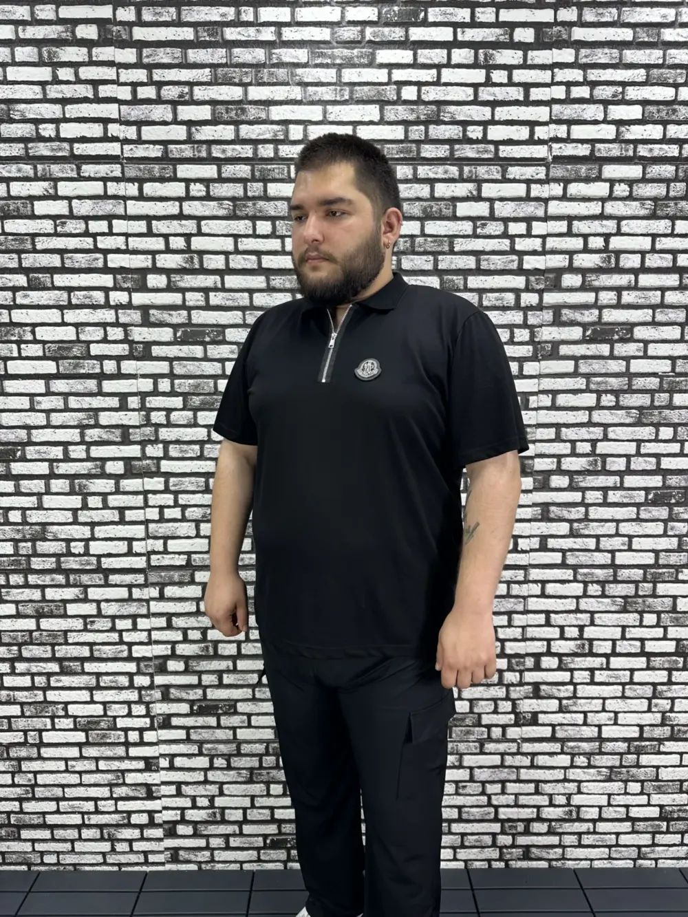Erkek Büyük Beden İnce Polo Yakalı Fermuarlı Dikiş Amblem Tişört