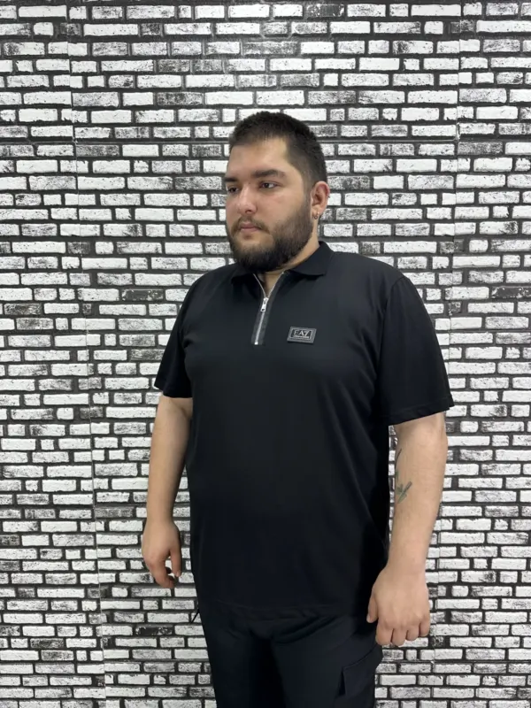 Erkek Büyük Beden İnce Polo Yakalı Fermuarlı Dikiş Amblem Tişört