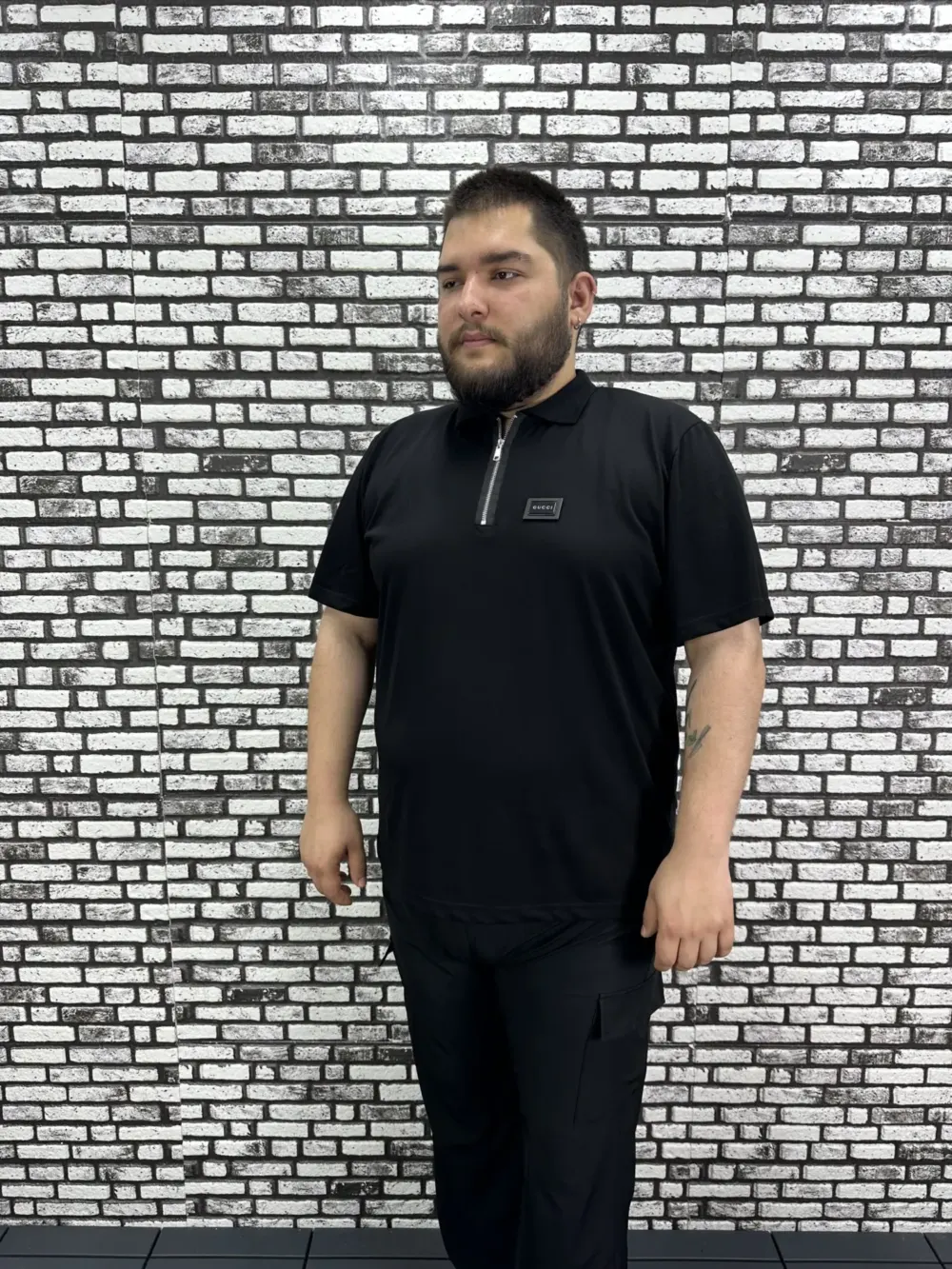 Erkek Büyük Beden İnce Polo Yakalı Fermuarlı Dikiş Amblem Tişört