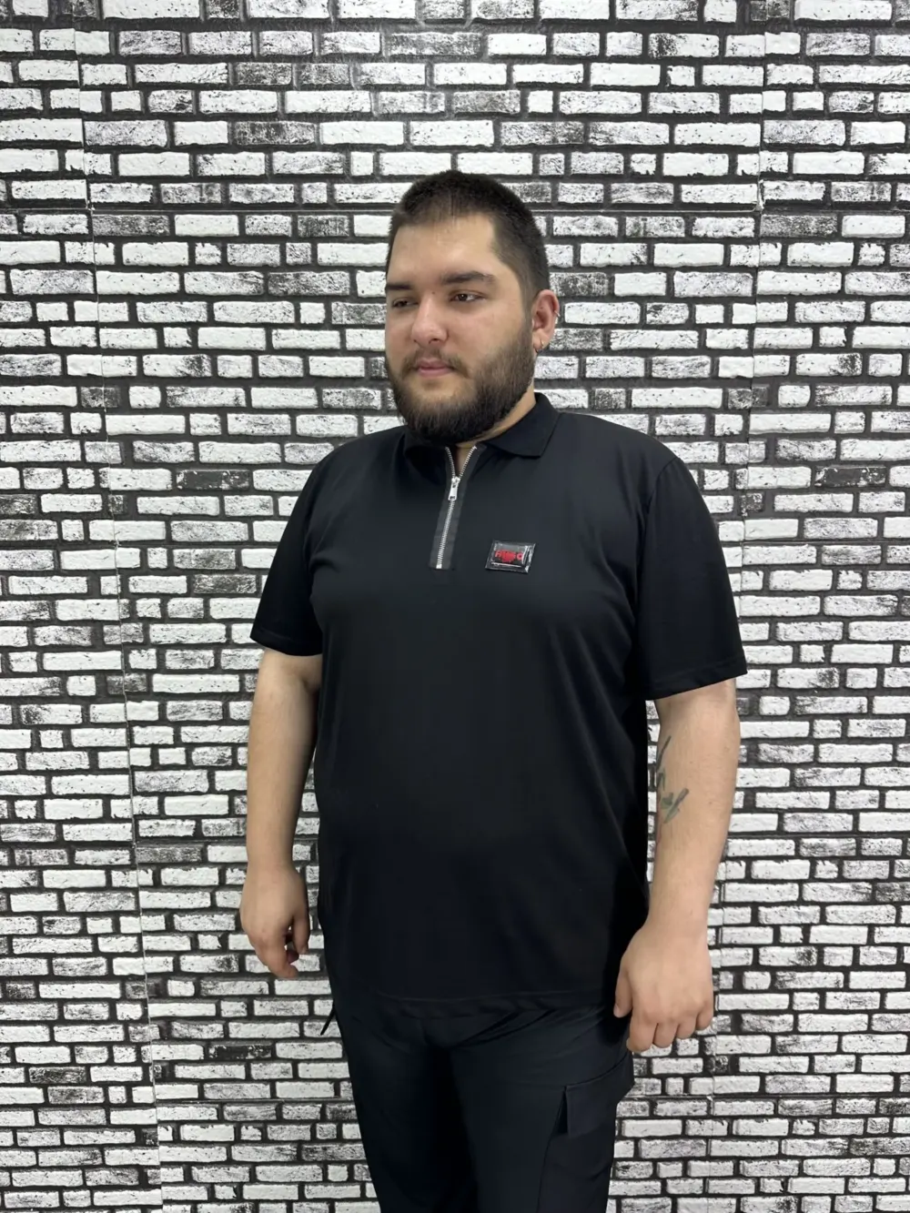 Erkek Büyük Beden İnce Polo Yakalı Fermuarlı Dikiş Amblem Tişört