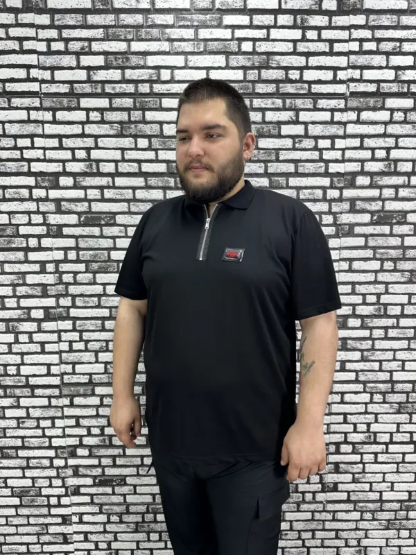 Erkek Büyük Beden İnce Polo Yakalı Fermuarlı Dikiş Amblem Tişört