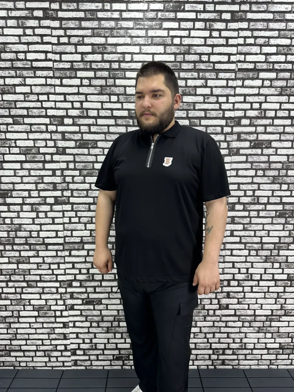 Erkek Büyük Beden İnce Polo Yakalı Fermuarlı Dikiş Amblem Tişört