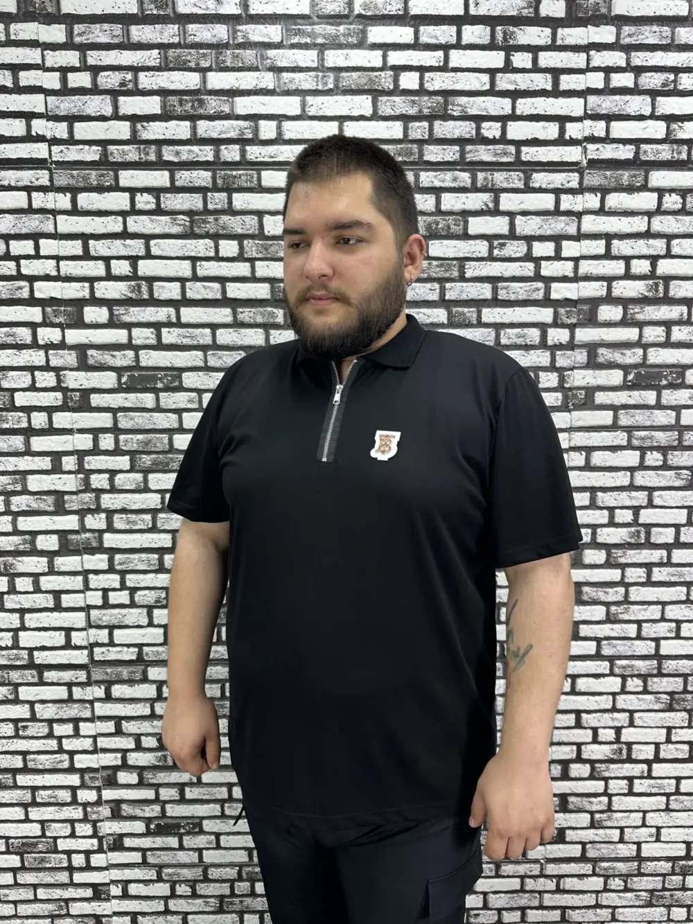 Erkek Büyük Beden İnce Polo Yakalı Fermuarlı Dikiş Amblem Tişört