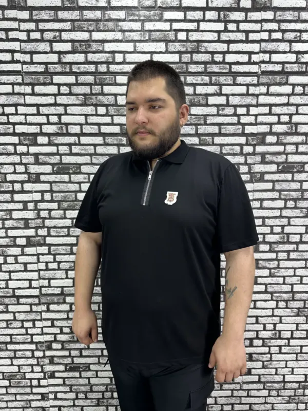 Erkek Büyük Beden İnce Polo Yakalı Fermuarlı Dikiş Amblem Tişört