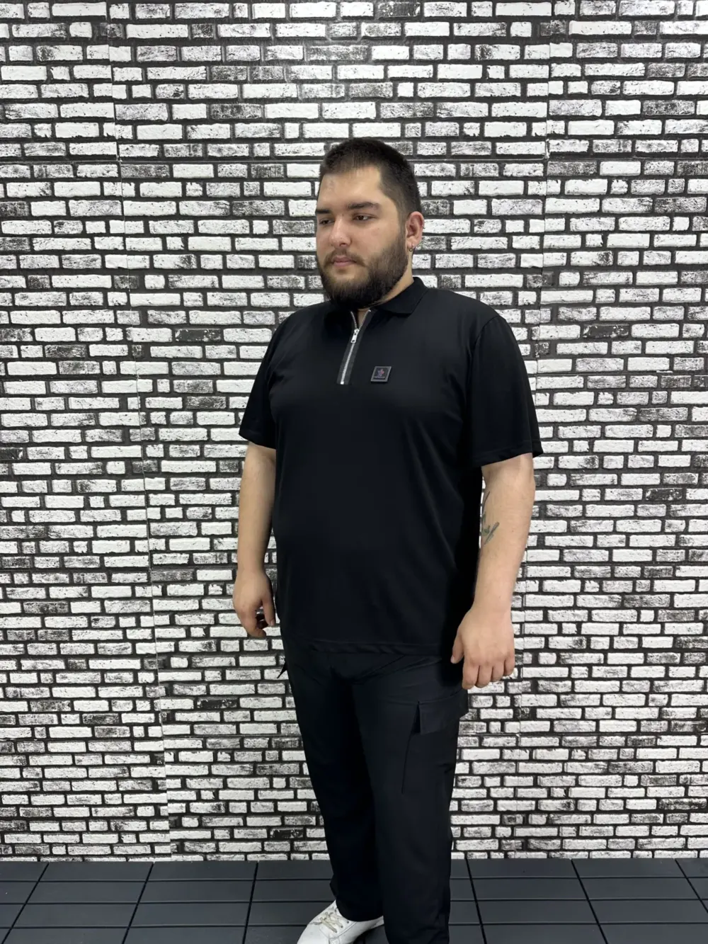 Erkek Büyük Beden İnce Polo Yakalı Fermuarlı Dikiş Amblem Tişört