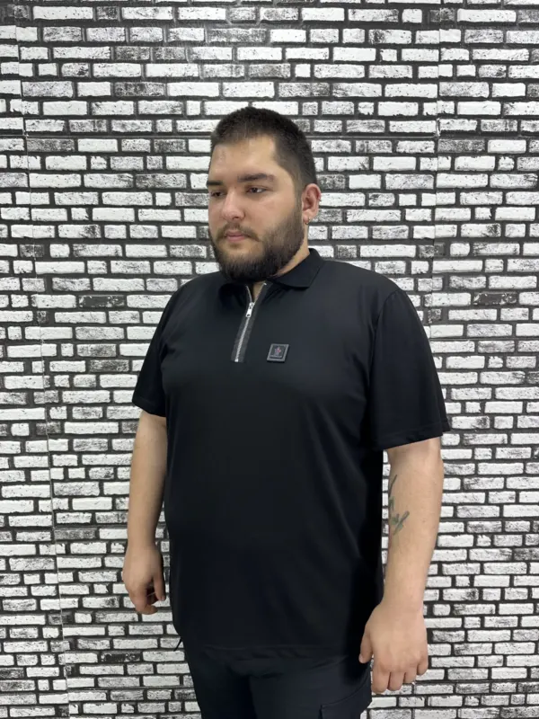 Erkek Büyük Beden İnce Polo Yakalı Fermuarlı Dikiş Amblem Tişört