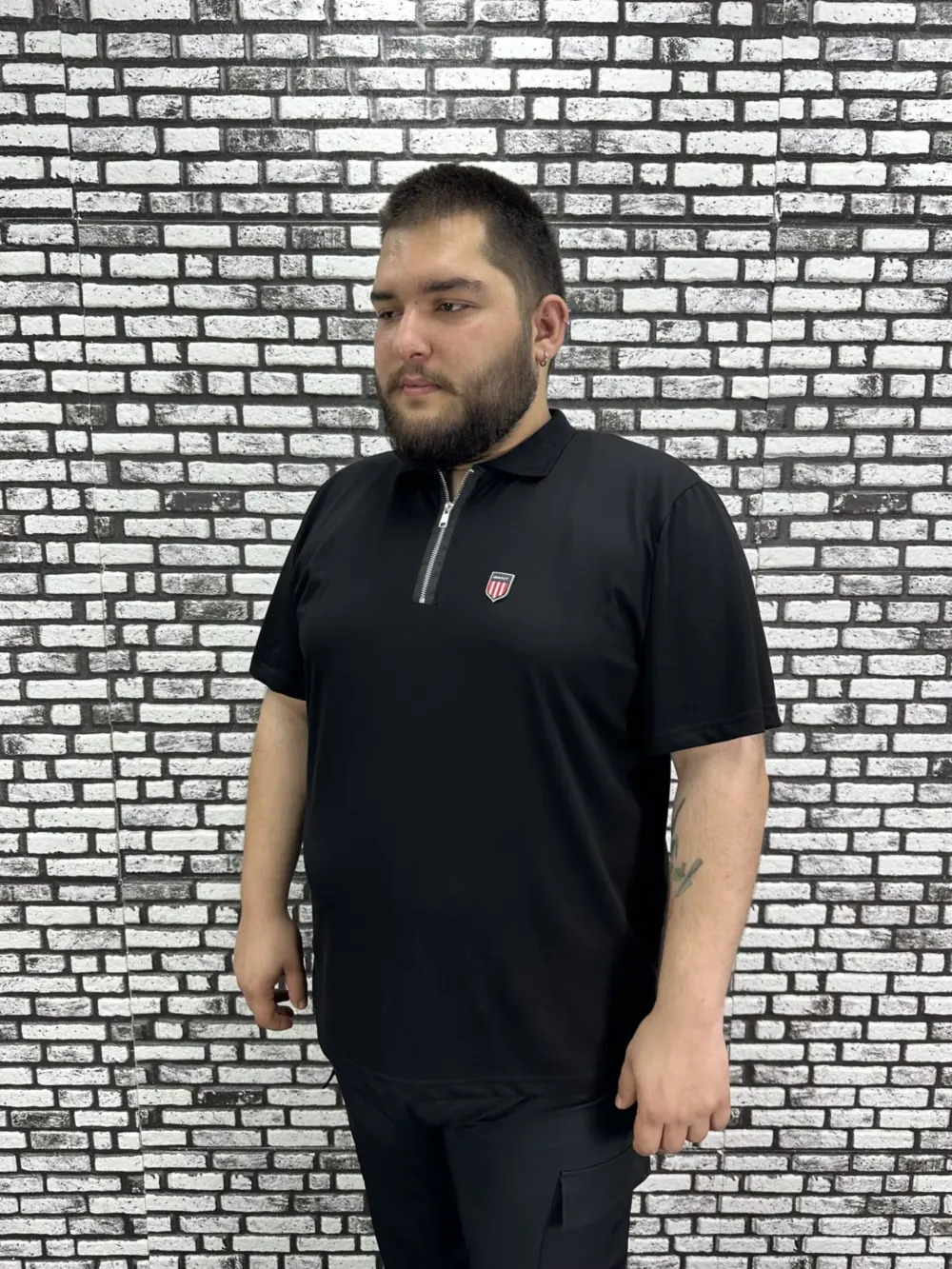 Erkek Büyük Beden İnce Polo Yakalı Fermuarlı Dikiş Amblem Tişört