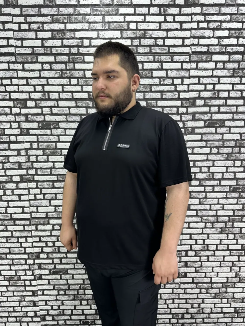 Erkek Büyük Beden İnce Polo Yakalı Fermuarlı Dikiş Amblem Tişört