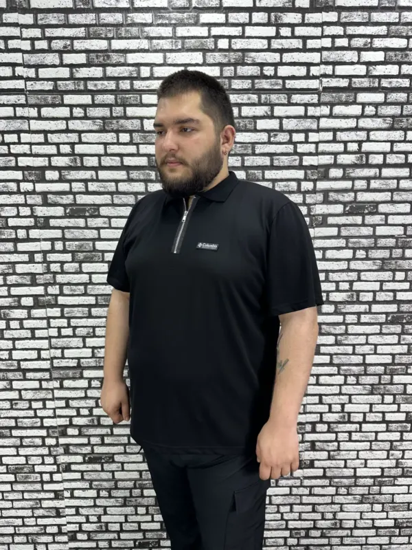 Erkek Büyük Beden İnce Polo Yakalı Fermuarlı Dikiş Amblem Tişört