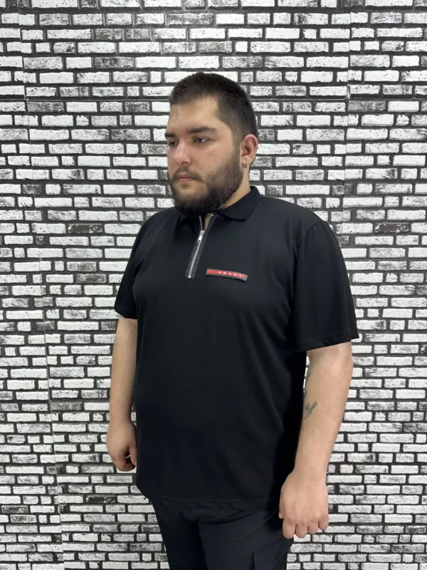Erkek Büyük Beden İnce Polo Yakalı Fermuarlı Dikiş Amblem Tişört
