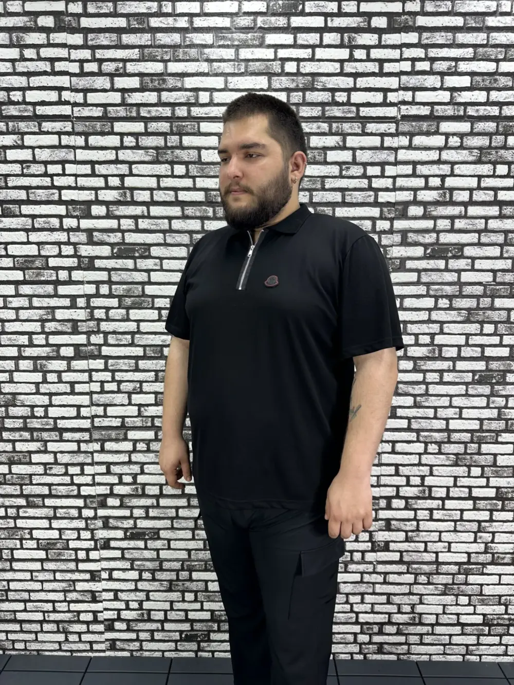 Erkek Büyük Beden İnce Polo Yakalı Fermuarlı Dikiş Amblem Tişört