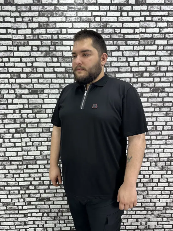 Erkek Büyük Beden İnce Polo Yakalı Fermuarlı Dikiş Amblem Tişört