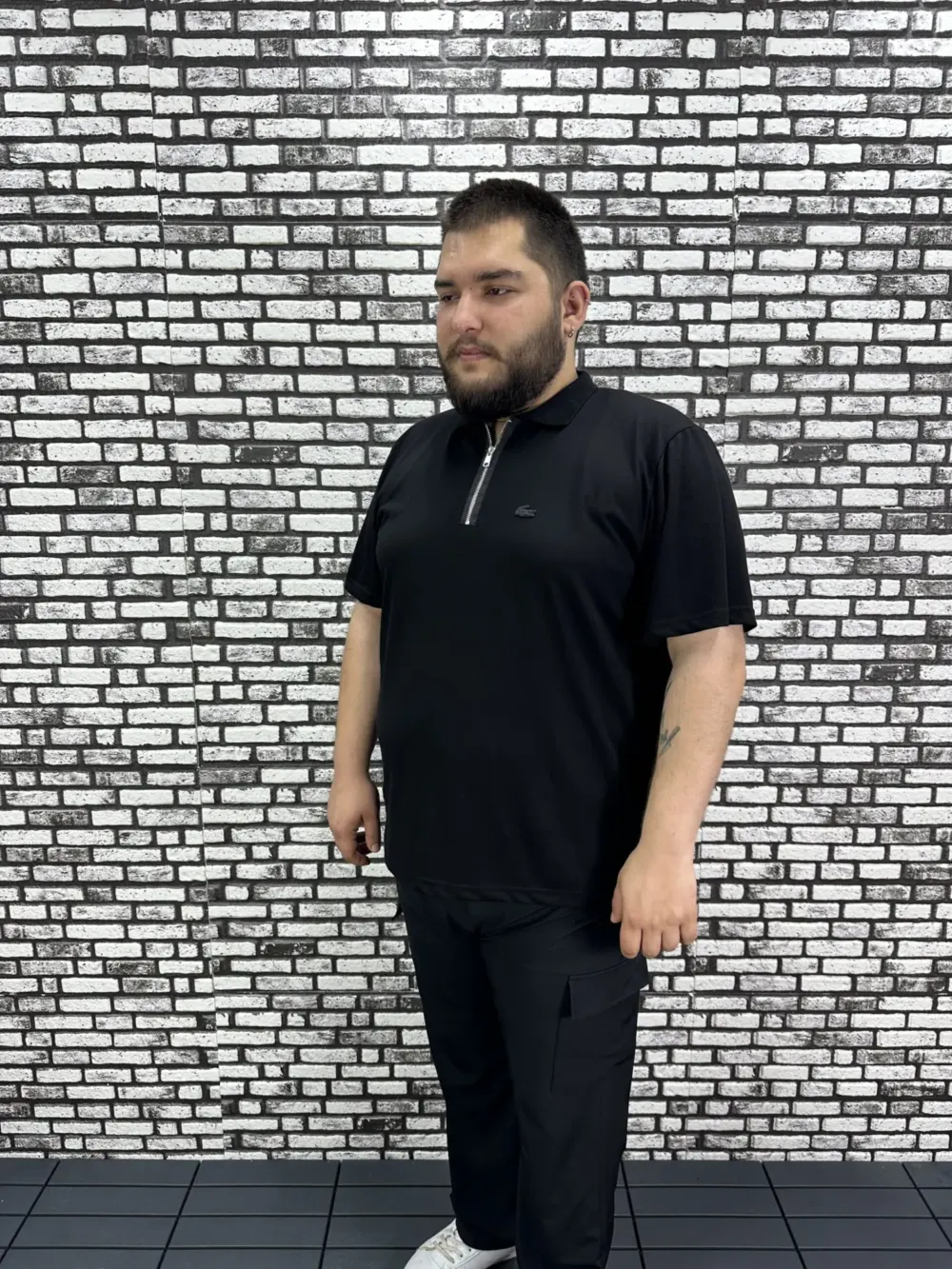 Erkek Büyük Beden İnce Polo Yakalı Fermuarlı Dikiş Koyu Amblem Tişört