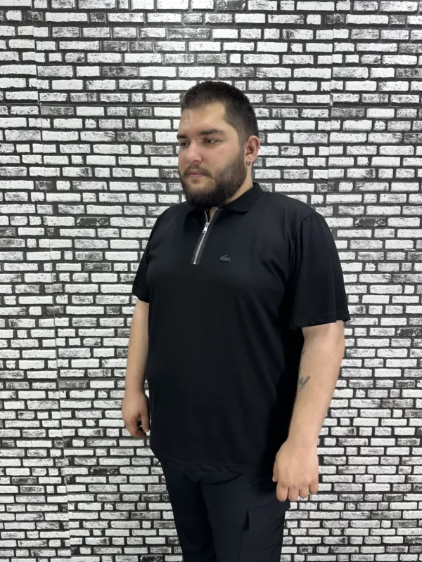 Erkek Büyük Beden İnce Polo Yakalı Fermuarlı Dikiş Koyu Amblem Tişört