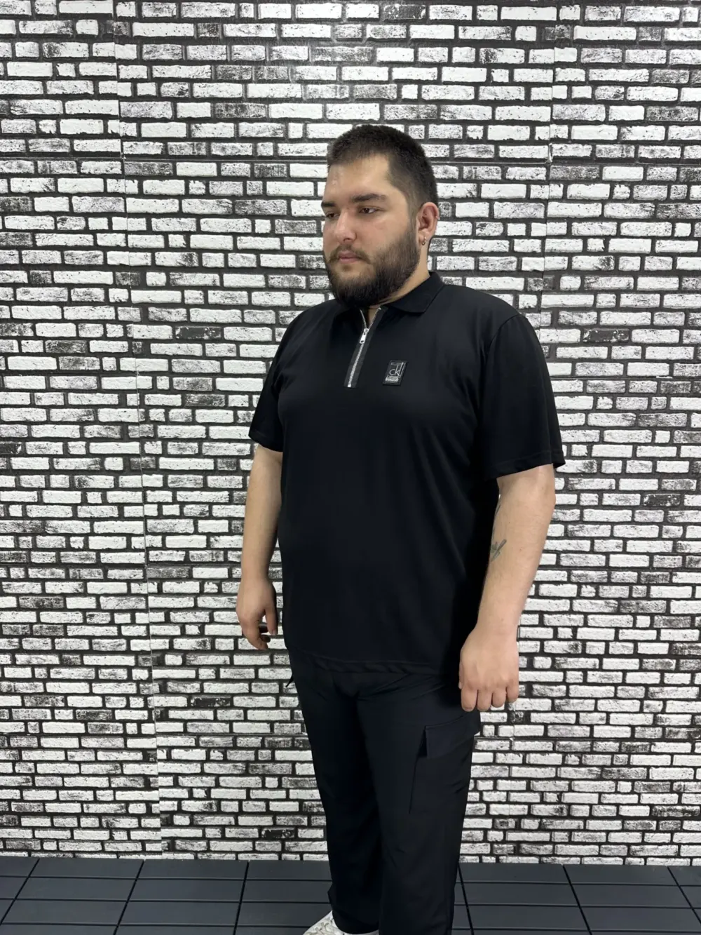 Erkek Büyük Beden İnce Polo Yakalı Fermuarlı Dikiş Amblem Tişört
