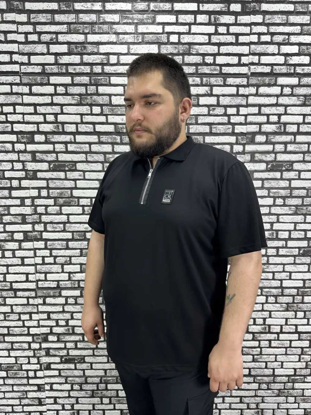Erkek Büyük Beden İnce Polo Yakalı Fermuarlı Dikiş Amblem Tişört