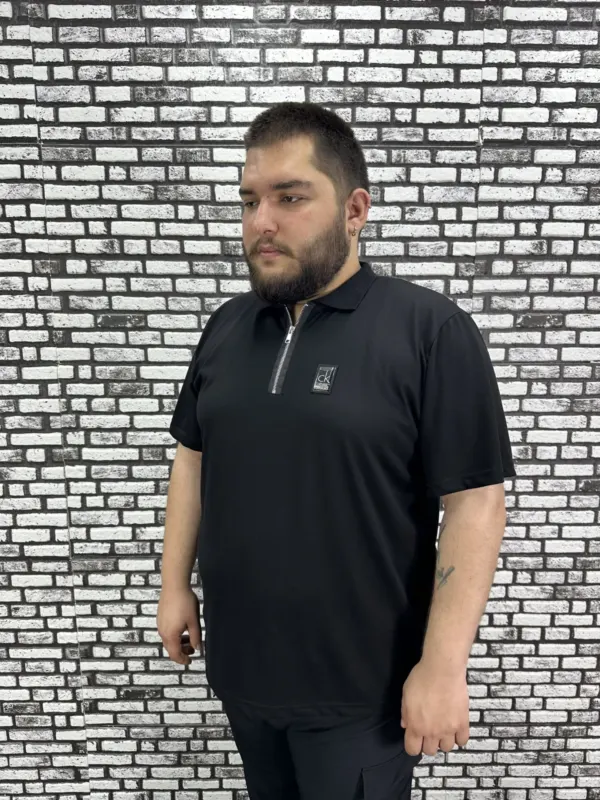 Erkek Büyük Beden İnce Polo Yakalı Fermuarlı Dikiş Amblem Tişört