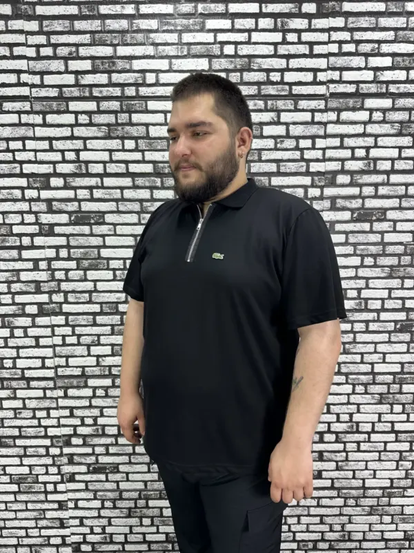 Erkek Büyük Beden İnce Polo Yakalı Fermuarlı Dikiş Amblem Tişört