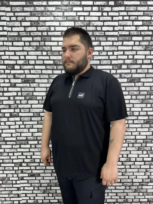Erkek Büyük Beden İnce Polo Yakalı Fermuarlı Dikiş Amblem Tişört