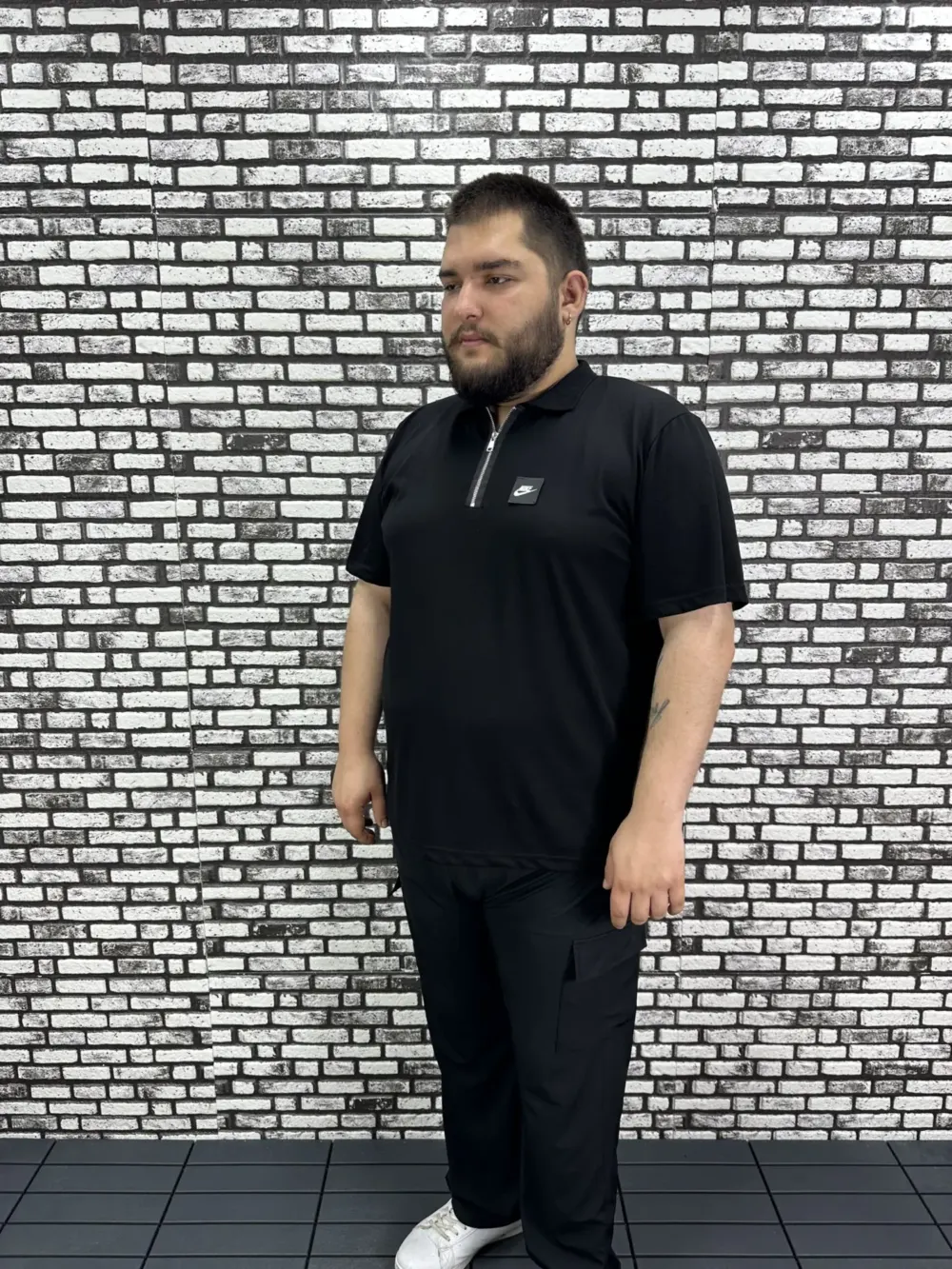 Erkek Büyük Beden İnce Polo Yakalı Fermuarlı Dikiş Amblem Tişört