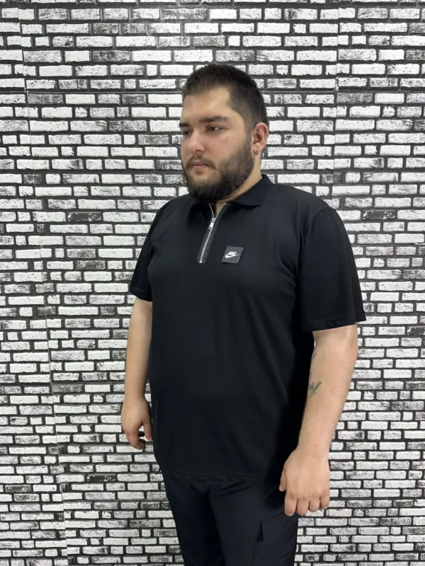 Erkek Büyük Beden İnce Polo Yakalı Fermuarlı Dikiş Amblem Tişört
