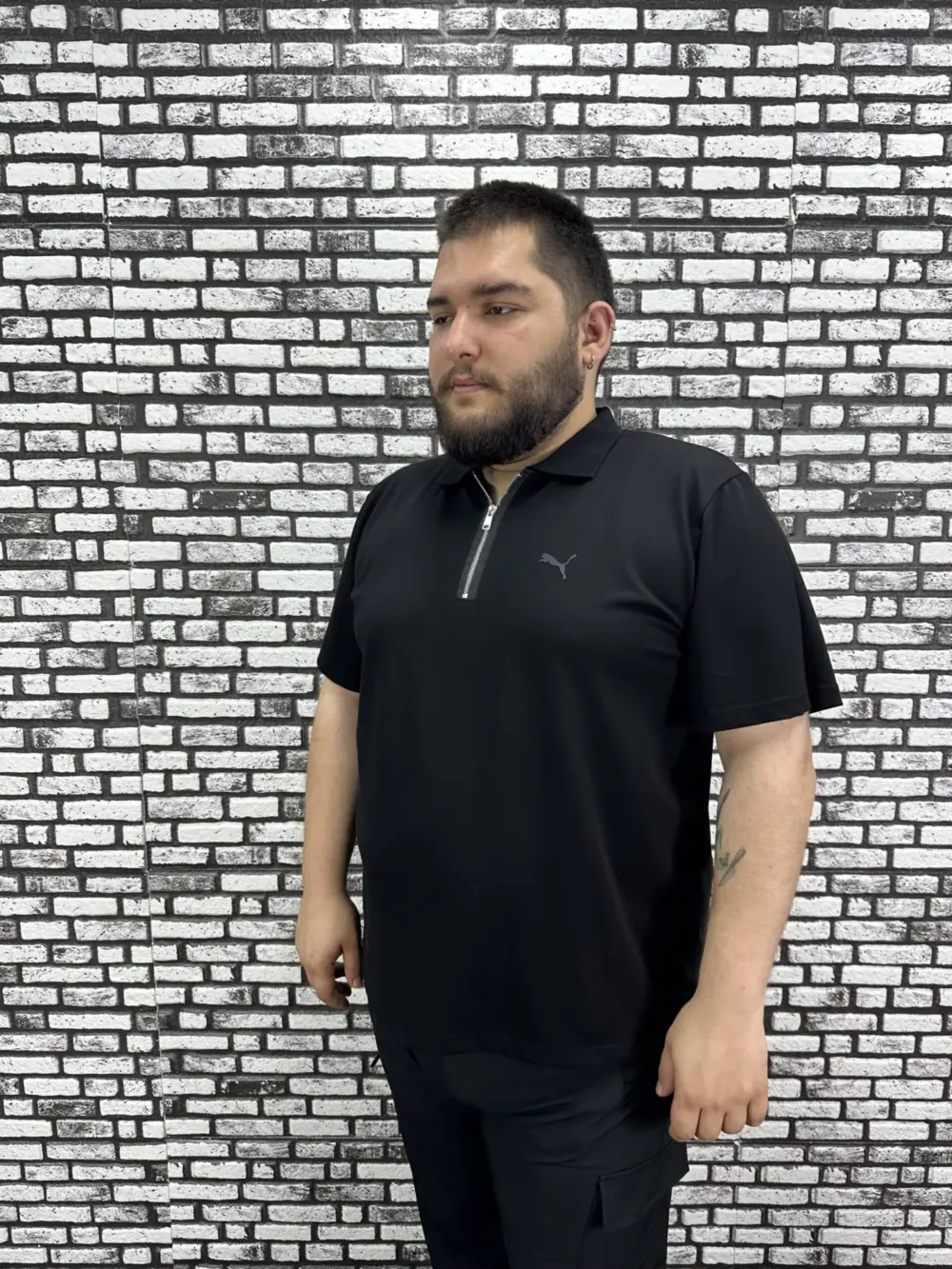 Erkek Büyük Beden İnce Polo Yakalı Fermuarlı Kabartma Baskı Tişört