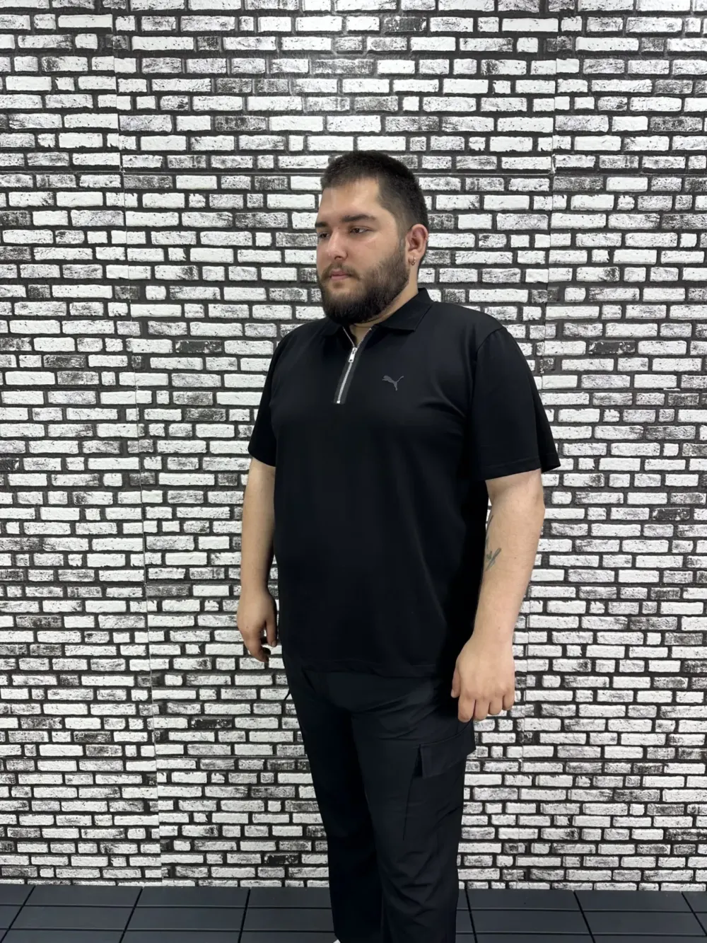 Erkek Büyük Beden İnce Polo Yakalı Fermuarlı Kabartma Baskı Tişört