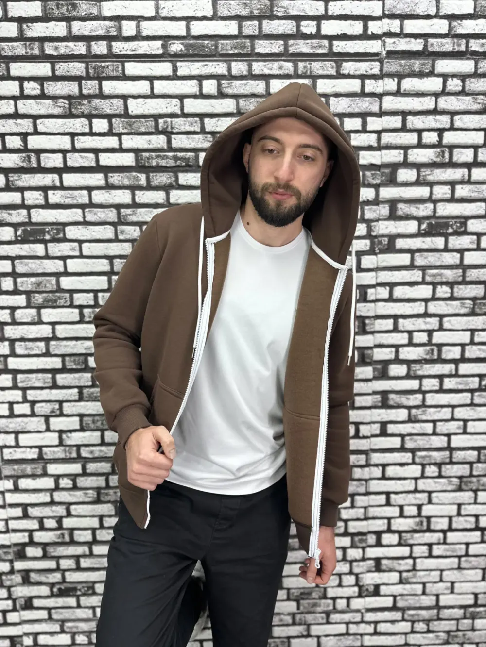 Küçük Beden 3 İplik Şardonlu Kapüşonlu Kanguru Cep  Hırka Erkek/Kadın Modacho