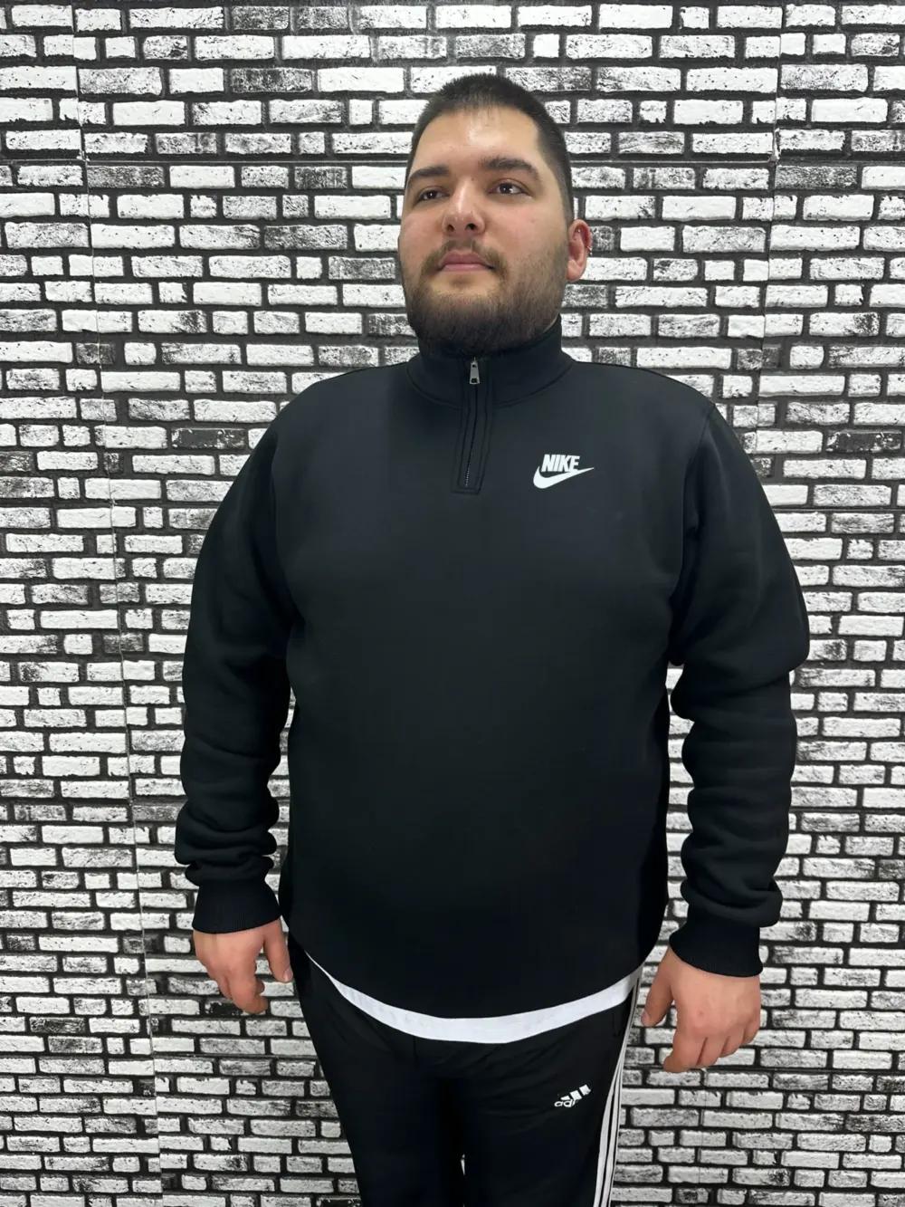 3 İplik Şardonlu Erkek Büyük Beden Yarım Fermuarlı Sweat Baskı