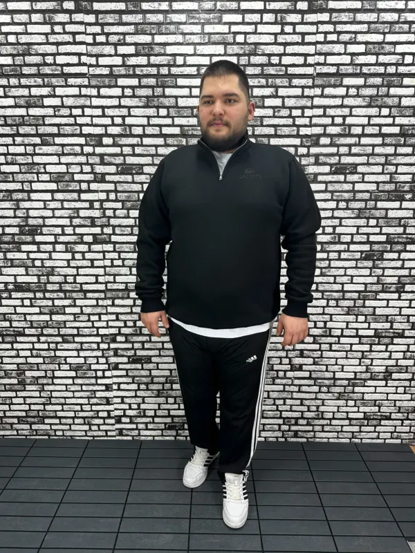 3 İplik Şardonlu Erkek Büyük Beden Yarım Fermuarlı Sweat Kabartma Baskı