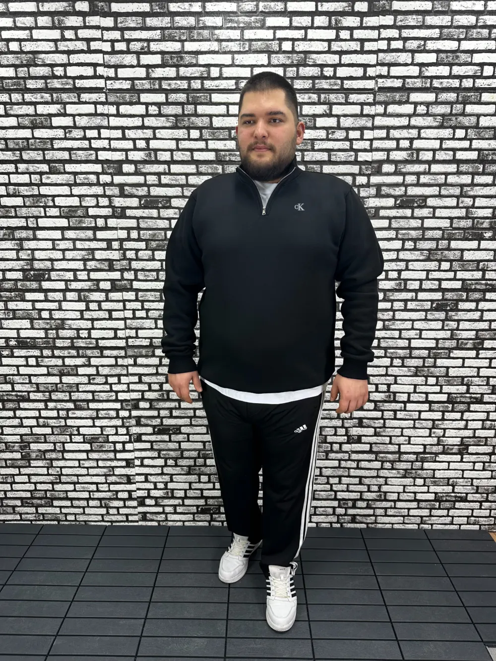 3 İplik Şardonlu Erkek Büyük Beden Yarım Fermuarlı Sweat Kabartma Baskı