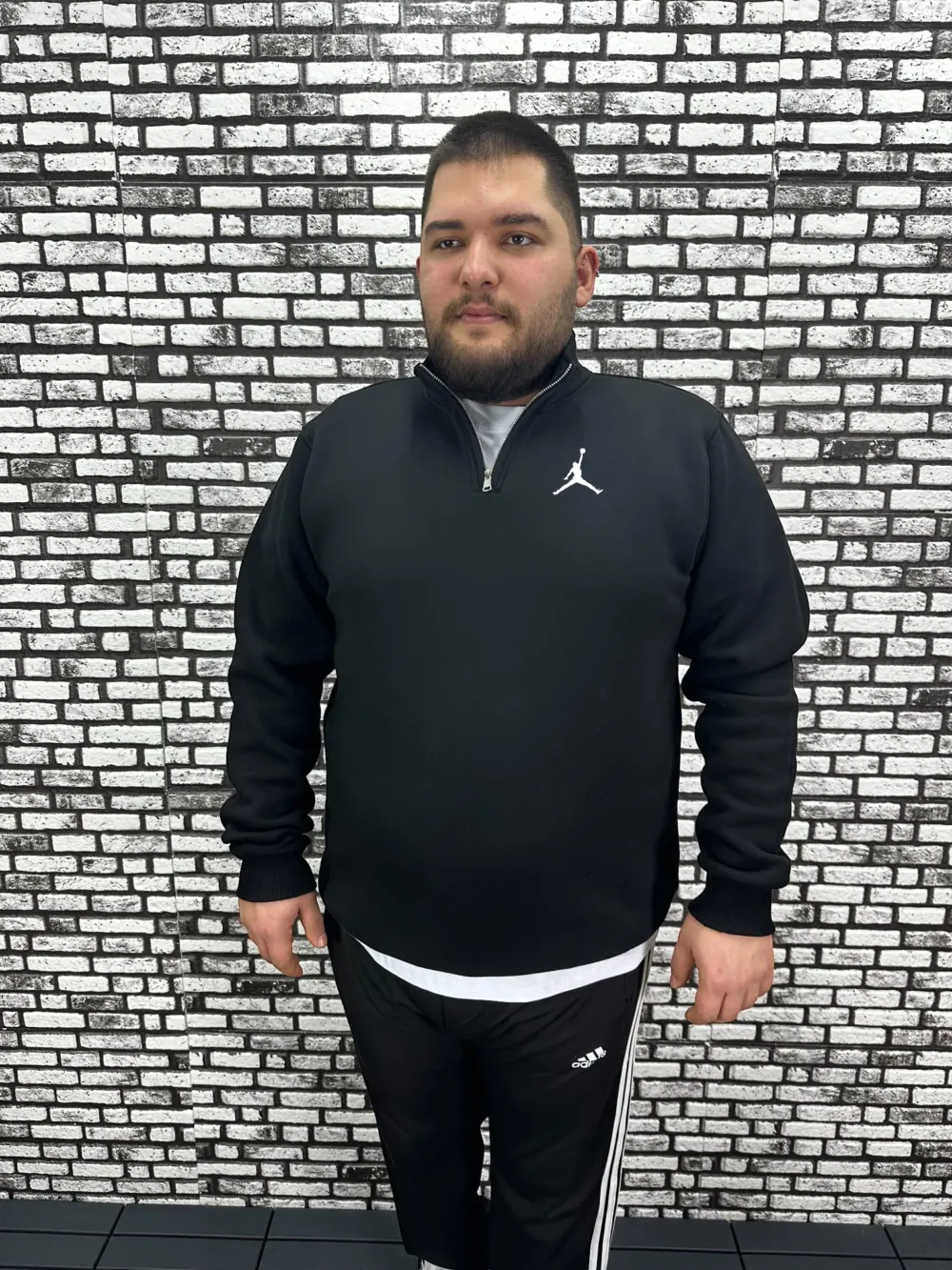 3 İplik Şardonlu Erkek Büyük Beden Yarım Fermuarlı Sweat Baskı