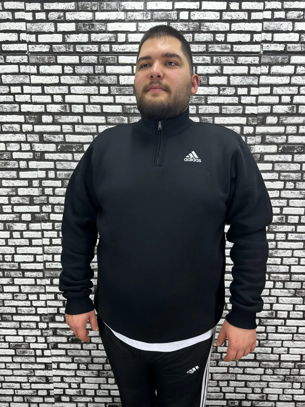 3 İplik Şardonlu Erkek Büyük Beden Yarım Fermuarlı Sweat Baskı