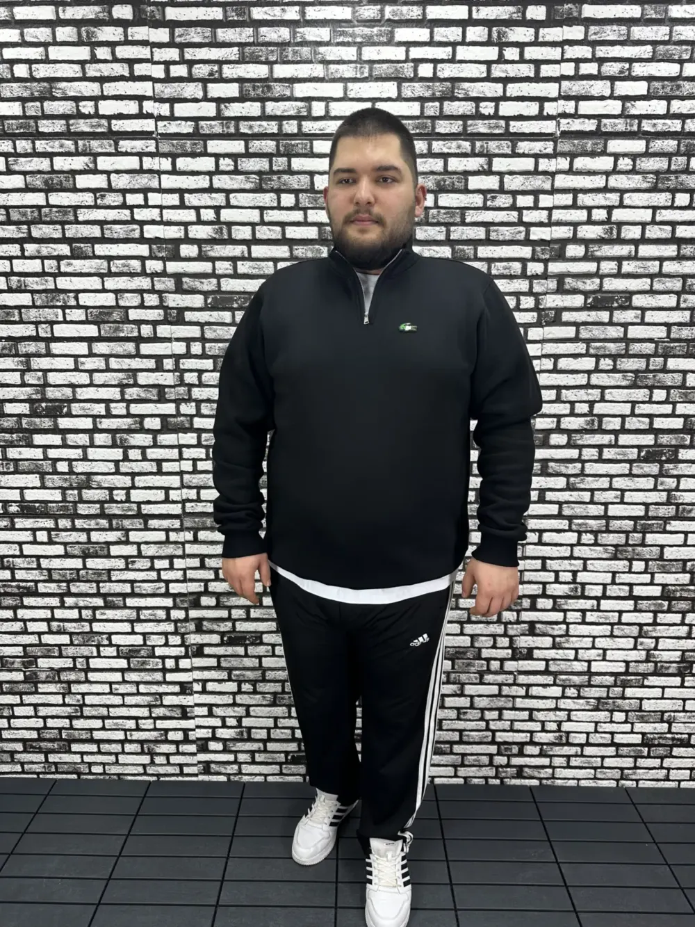 3 İplik Şardonlu Erkek Büyük Beden Yarım Fermuarlı Sweat Dikiş Amblem