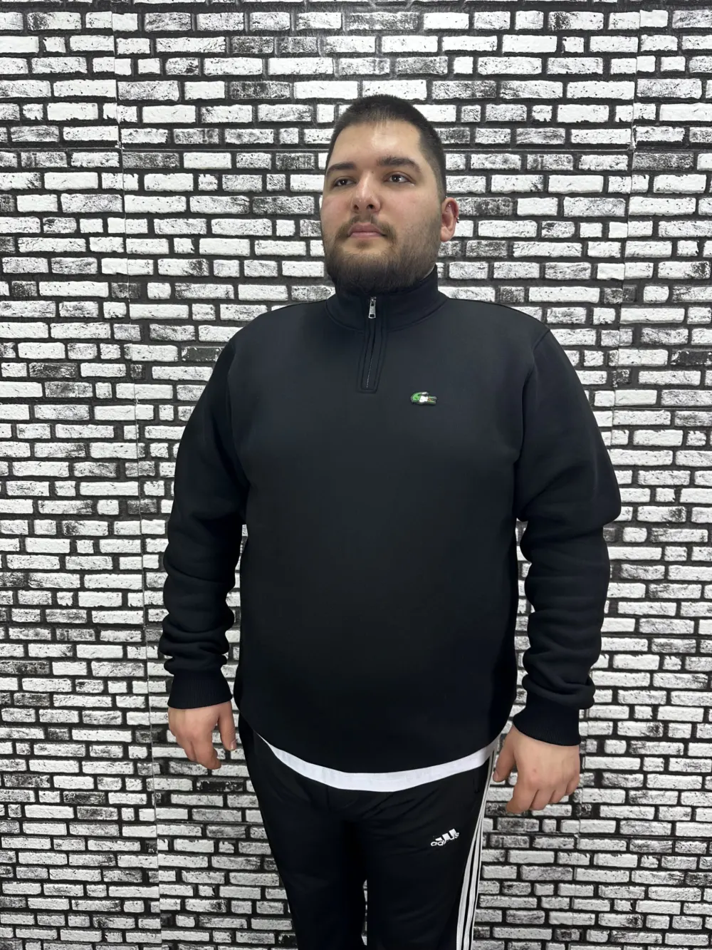 3 İplik Şardonlu Erkek Büyük Beden Yarım Fermuarlı Sweat Dikiş Amblem