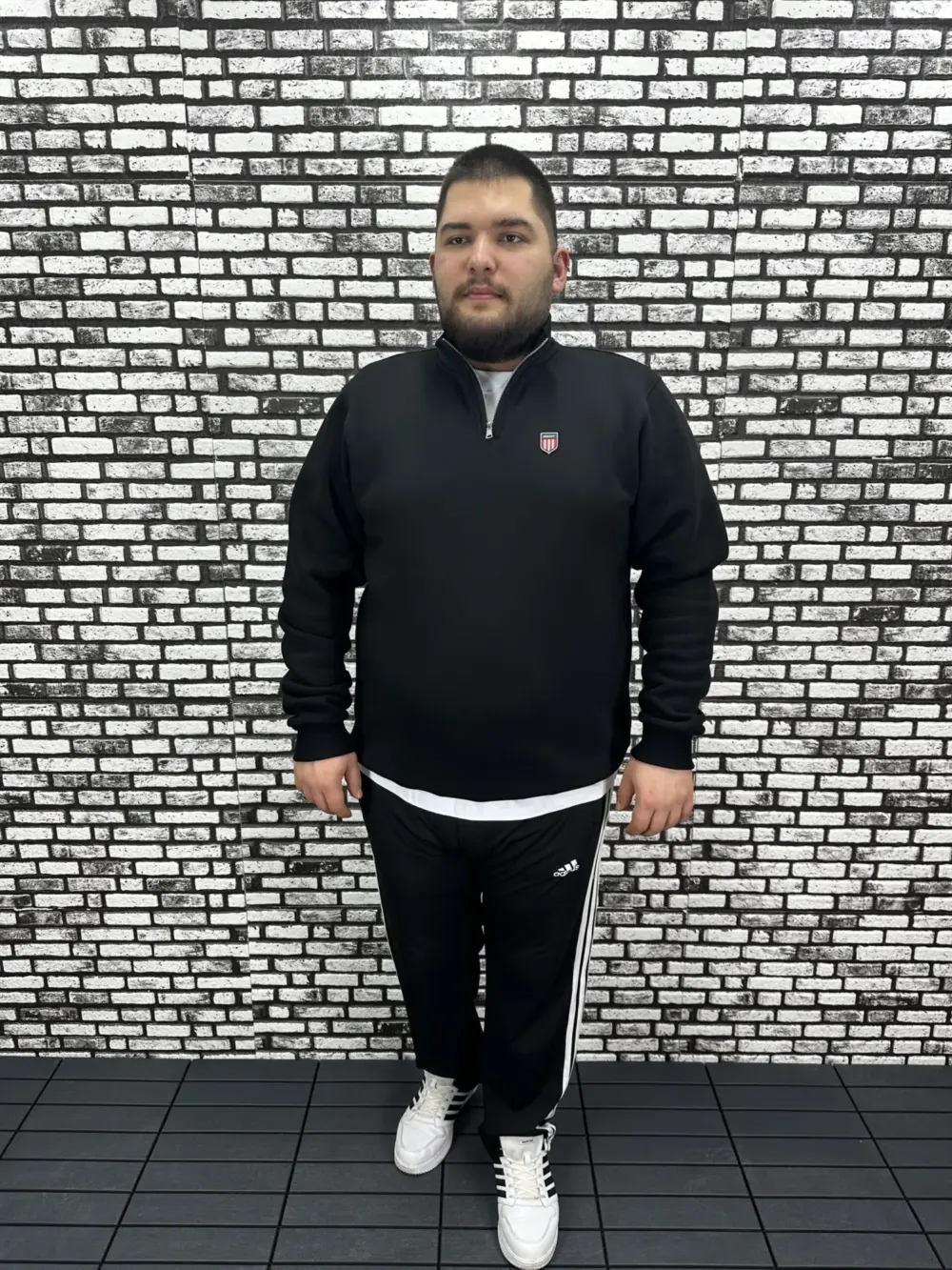 3 İplik Şardonlu Erkek Büyük Beden Yarım Fermuarlı Sweat Dikiş Amblem
