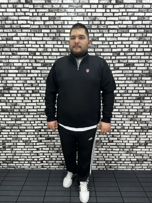 3 İplik Şardonlu Erkek Büyük Beden Yarım Fermuarlı Sweat Dikiş Amblem