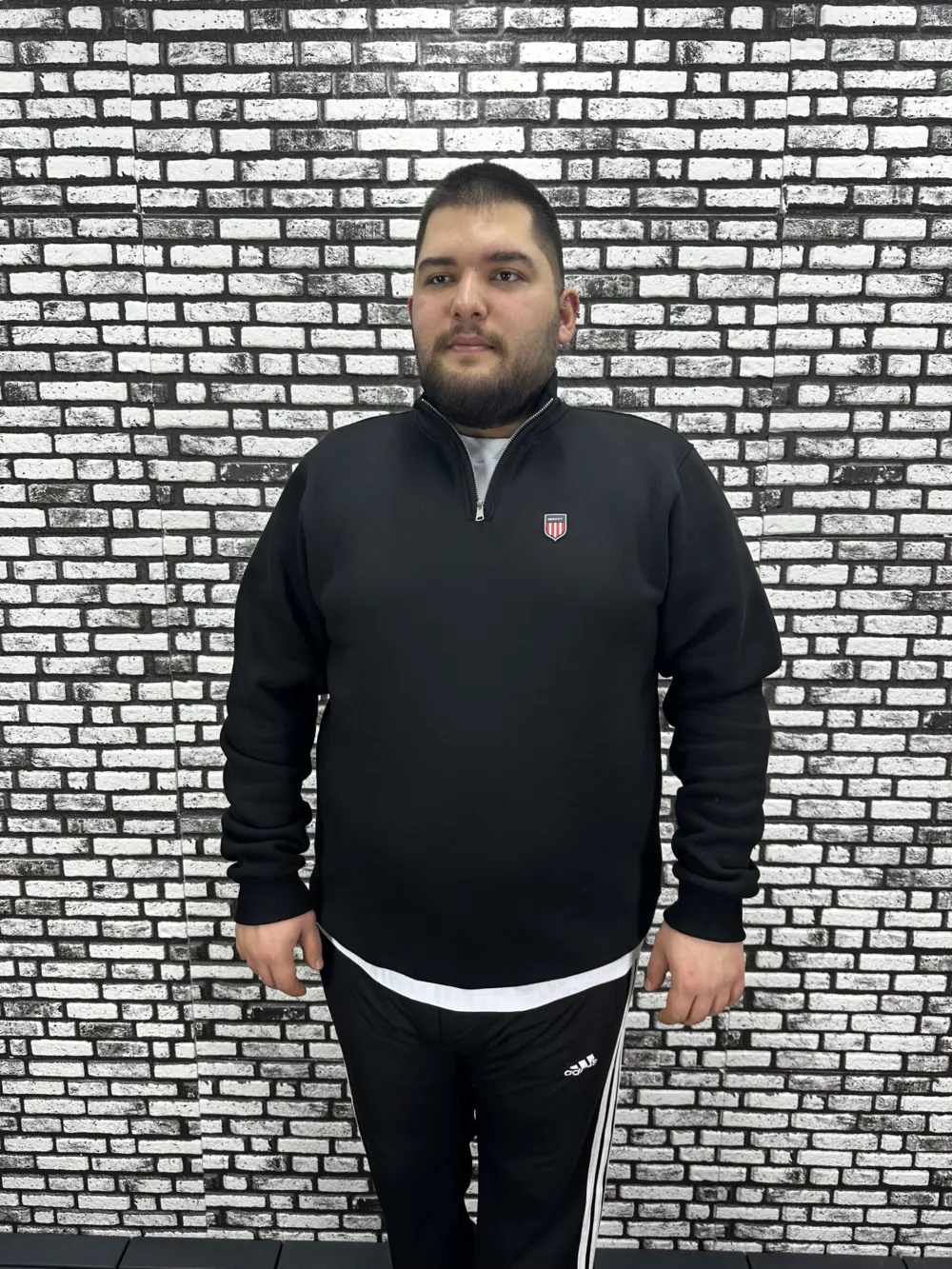3 İplik Şardonlu Erkek Büyük Beden Yarım Fermuarlı Sweat Dikiş Amblem