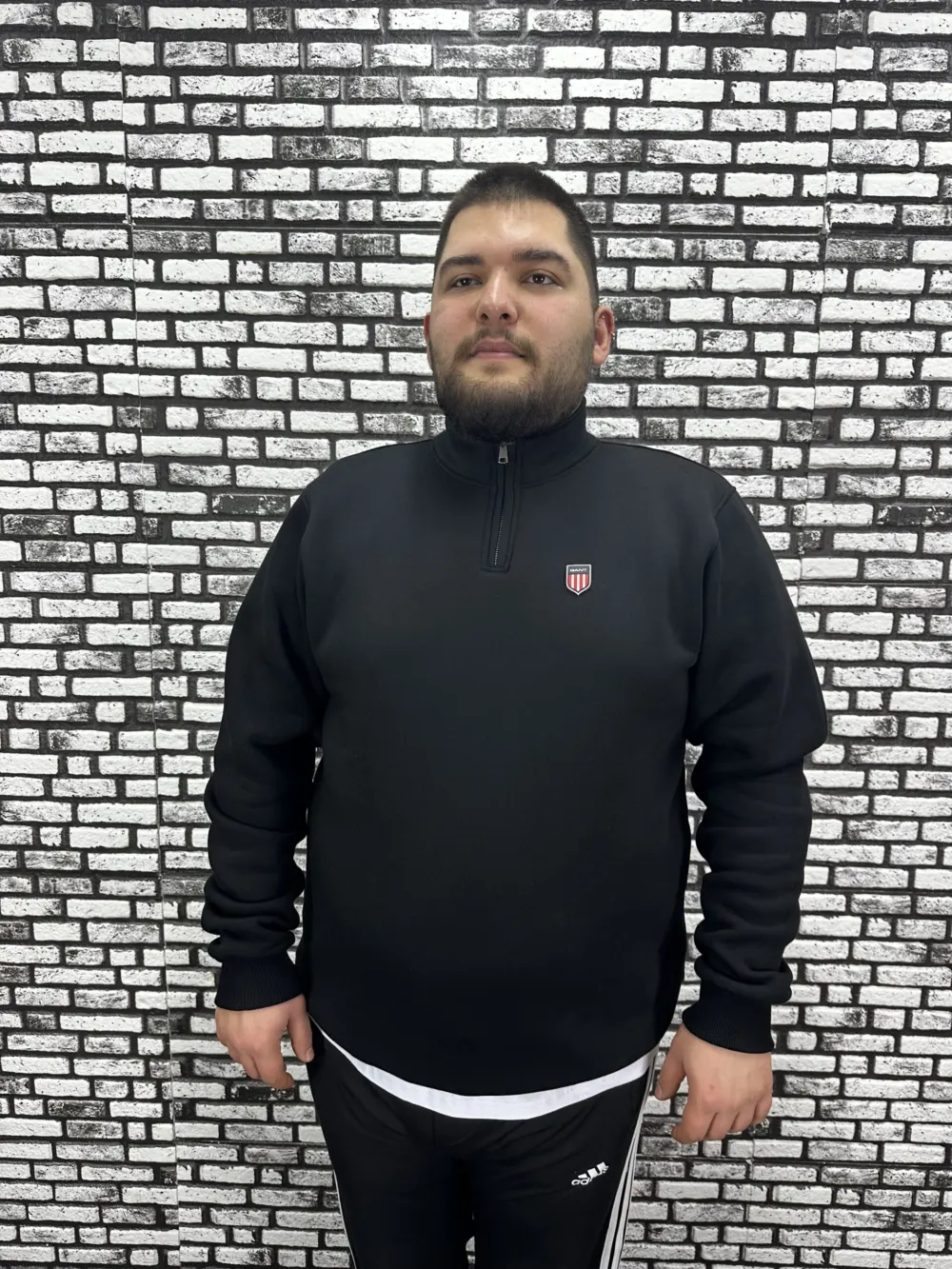 3 İplik Şardonlu Erkek Büyük Beden Yarım Fermuarlı Sweat Dikiş Amblem