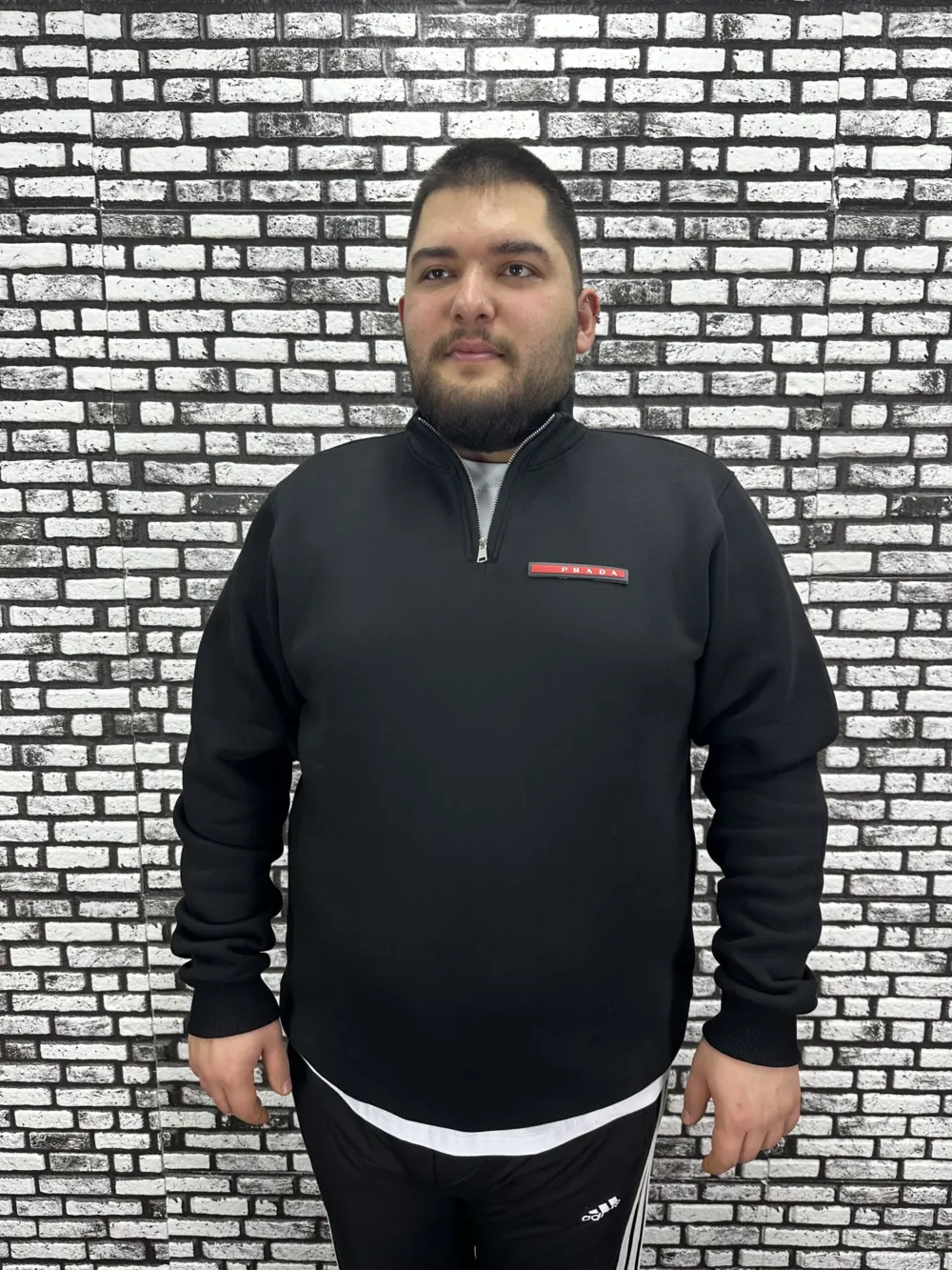 3 İplik Şardonlu Erkek Büyük Beden Yarım Fermuarlı Sweat Dikiş Amblem